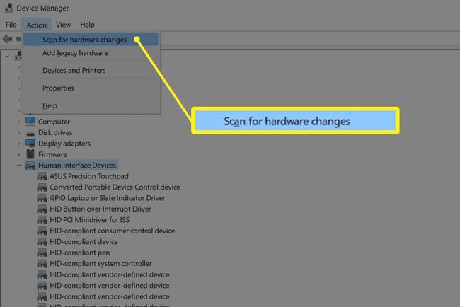 Aygıt Yöneticisi'ndeki Eylem menüsünde donanım değişikliklerini tarayın