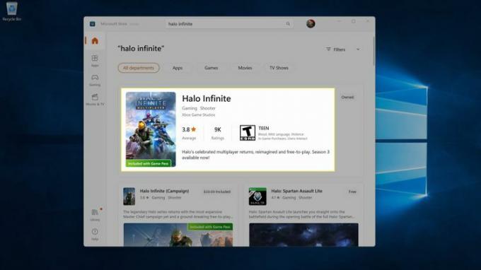 Spillet Halo Infinite er uthevet i søkeresultatene i Microsoft Store.