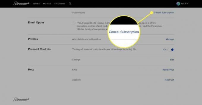 Paramount+ の Web サイトのアカウント ページで強調表示されているサブスクリプションのキャンセル。