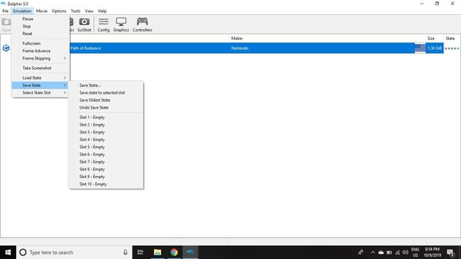Um Ihr Spiel zu speichern, gehen Sie im Dolphin-Hauptmenü zu Emulation Save State.