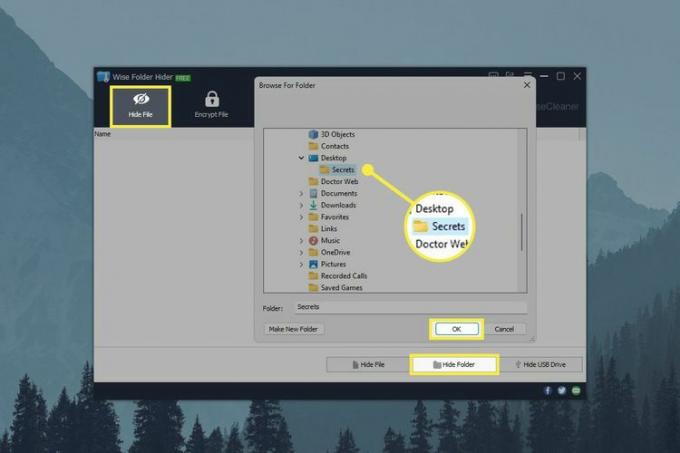 Tlačítko 'skrýt složku', složka 'tajemství' a tlačítko 'ok' zvýrazněné ve Wise Folder Hider.