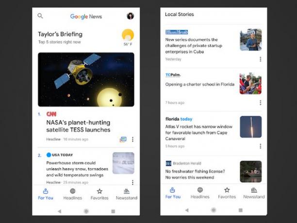 To skærmbilleder af Google Nyheder-appen til Android.