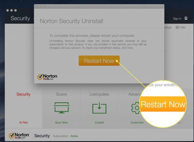 El botón Reiniciar ahora en Norton Security Uninstall