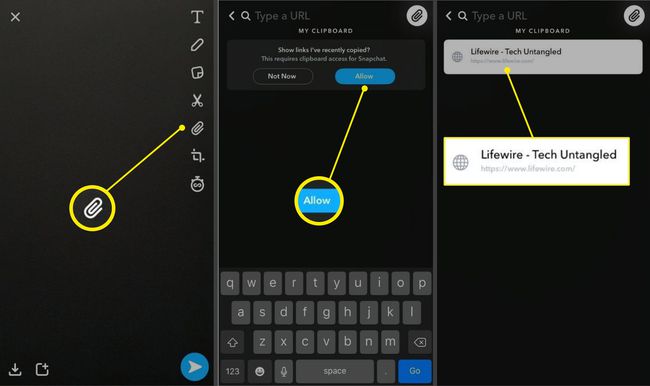 iOS için Snapchat uygulamasının üç ekran görüntüsü.