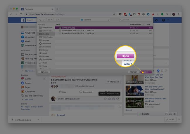 Przycisk Otwórz z obrazem w macOS wybranym do dodania do komentarza na Facebooku