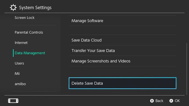 NintendoSwitchのシステム設定から[保存データを削除]を選択する