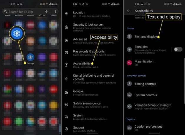 Setări, Accesibilitate și Text și afișare pe Android