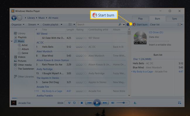 Bouton Démarrer la gravure dans Windows Media Player