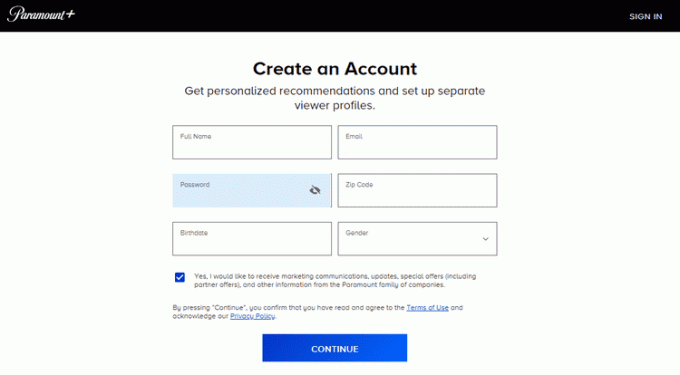 Paramount+ 「アカウントの作成」フォームが強調表示され、「CONTINUE」ボタンが強調表示されています