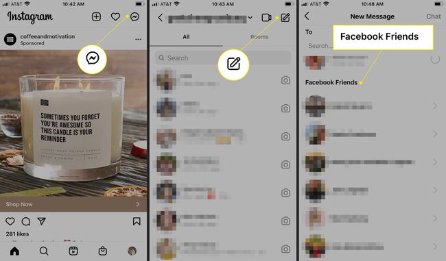 Instagram, ki poudari ikono Messengerja, ikono novega sporočila in " Facebook Friends"