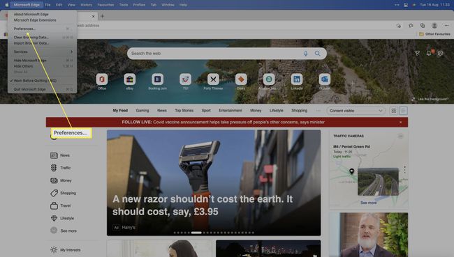 تم تمييز Microsoft Edge مع التفضيلات.