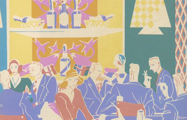 Historische Siebdruckillustration von 1931 von Gästen, die an Tischen in einem Jazzclub im Art-déco-Stil sitzen