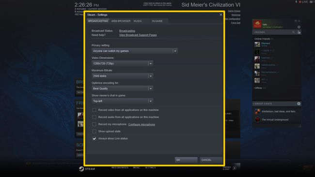 Options de diffusion pour Steam