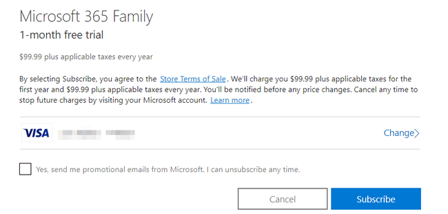 Snímek obrazovky se souhrnem bezplatné zkušební verze Microsoft 365 Family