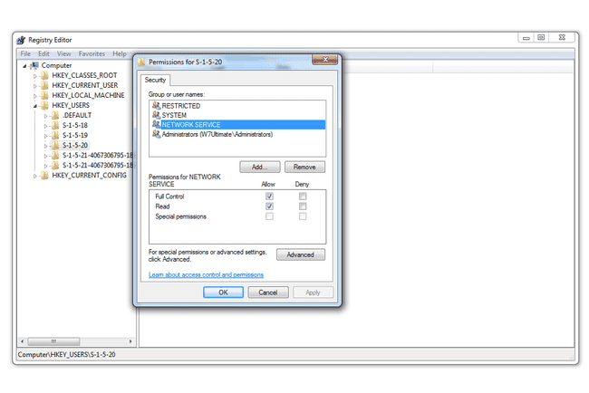Windows 7'de kayıt defteri izinlerinin ekran görüntüsü