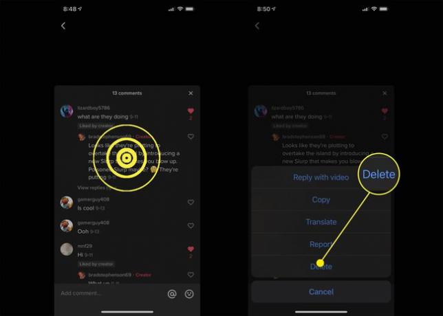 Posnetki zaslona možnosti brisanja za komentarje v TikToku.