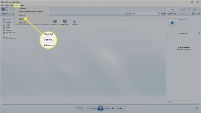Možnosti v nabídce Nástroje v programu Windows Media Player