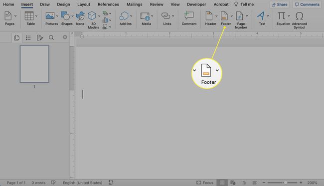 Het voettekstpictogram in de Microsoft Word-werkbalk