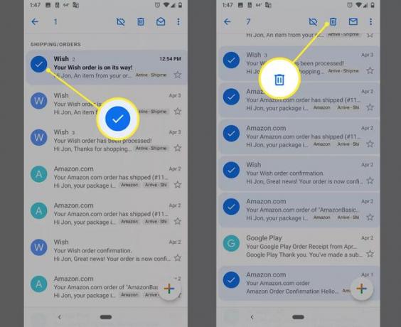 Začiarkavacie políčko pre e-maily, tlačidlo Odstrániť v aplikácii Gmail v systéme Android
