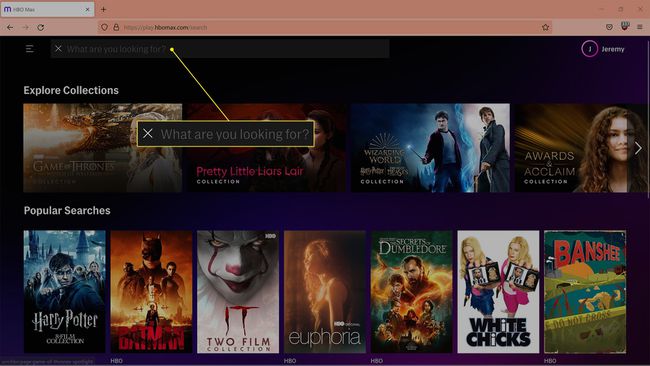 Câmpul de căutare evidențiat pe HBO Max.