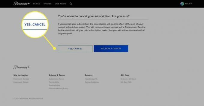 Paramount+ Web サイトのサブスクリプションキャンセルページで強調表示されている「はい、キャンセルします」ボタン。