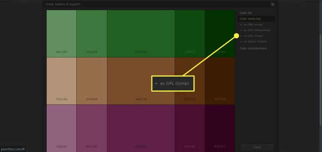 Ein Screenshot von Paletton mit hervorgehobener Option Als GPL exportieren