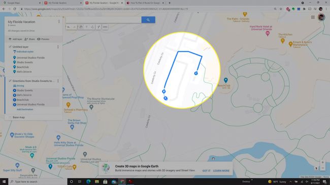 Een voltooide rijroute in een aangepaste Google Maps-kaart.
