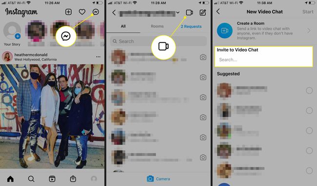 På Instagram, trykk på Messenger, Videokamera, og velg deretter en venn å chatte med