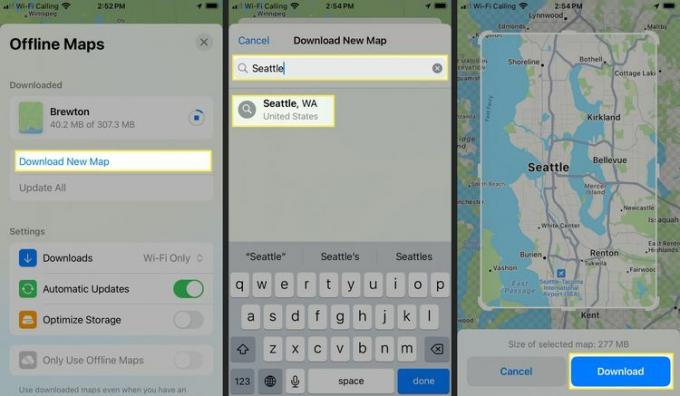Uthevede trinn for å laste ned flere kart for bruk offline i Maps-appen på en iPhone.