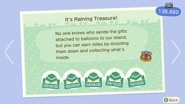Aktiviteten " It's Raining Treasure" i New Horizons Nook Miles-appen