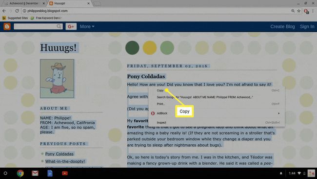 Chromebook afișează Copy evidențiat în meniul contextual cu clic dreapta