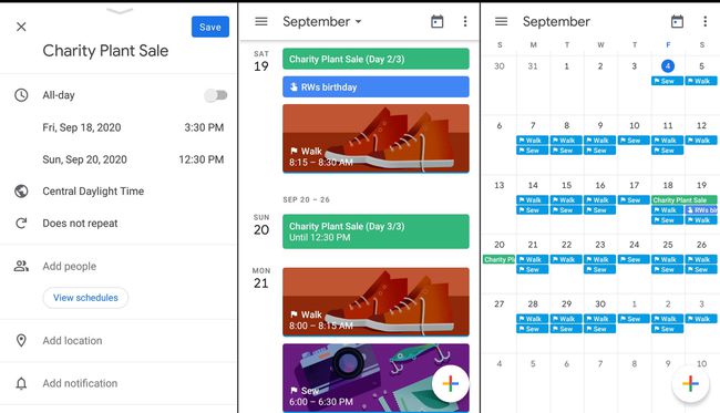 Die Google Kalender-App mit Termin-, Tages- und Monatsansicht