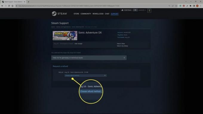 A „Válasszon visszatérítési módot” kiemelve a Steam webhelyén az asztali böngészőben.