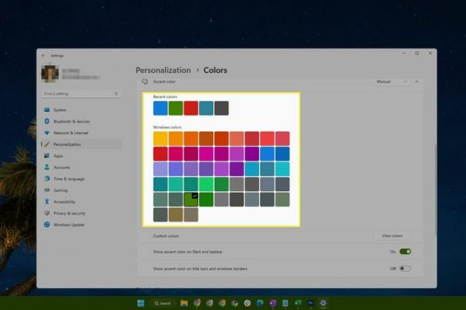 Le opzioni di colore dell'accento di Windows 11.