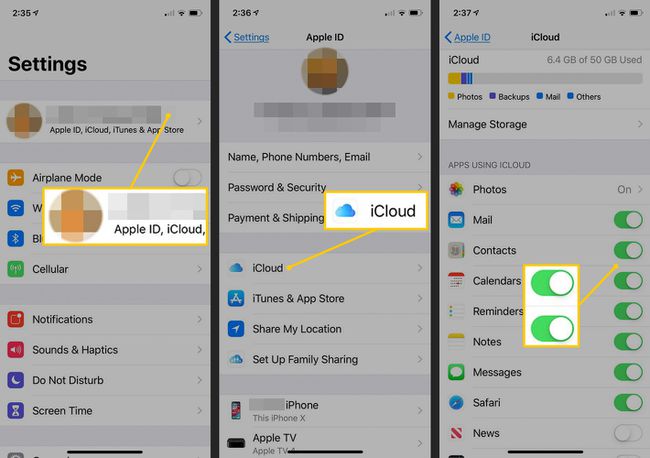 Apple ID, iCloud, botões de alternância nas configurações do iOS