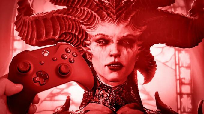 Kontroler Xbox One przed Lilith z Diablo 4.