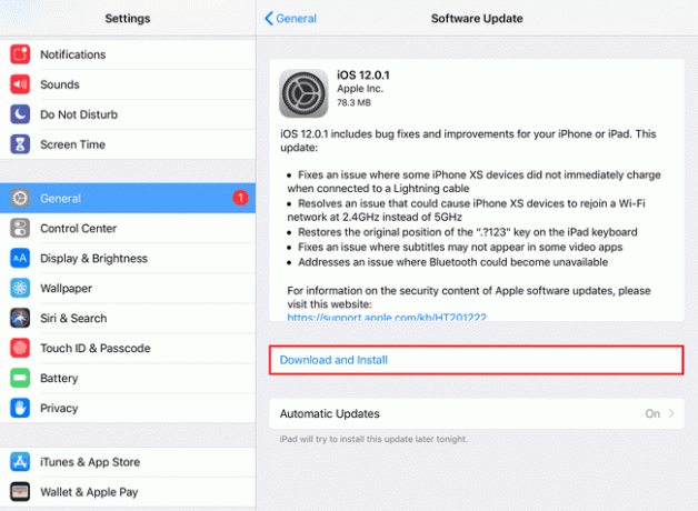 Screenshot eines ausstehenden iPad-Software-Updates
