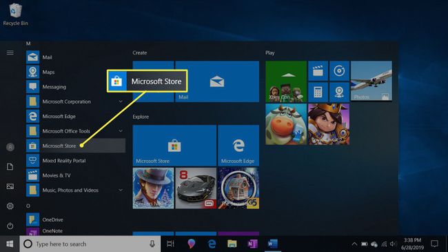 Menu Start systemu Windows pokazujące, jak znaleźć Microsoft Store