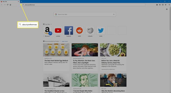 Wpisz about: preferencje w pasku adresu Firefoksa.