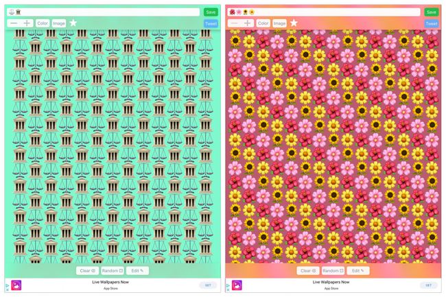 لقطتان من الرموز التعبيرية العشوائية (يسار) محكمة ومقاييس العدل ، (يمين) أربعة أنواع من الزهور