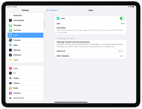 Snímka obrazovky rozšírenia Mate v nastaveniach Safari.