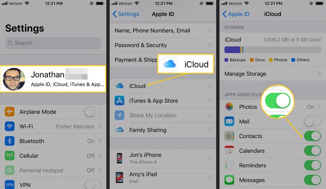 名前、iCloud、iOS設定アプリのトグルボタン