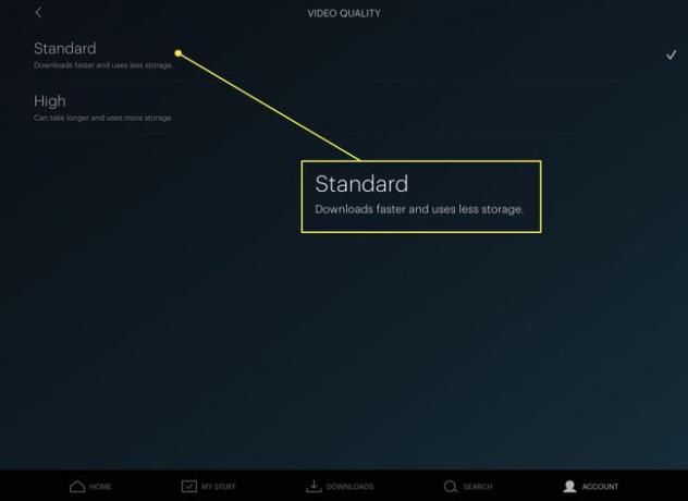 標準オプションが強調表示されたHuluのビデオ品質画面のスクリーンショット