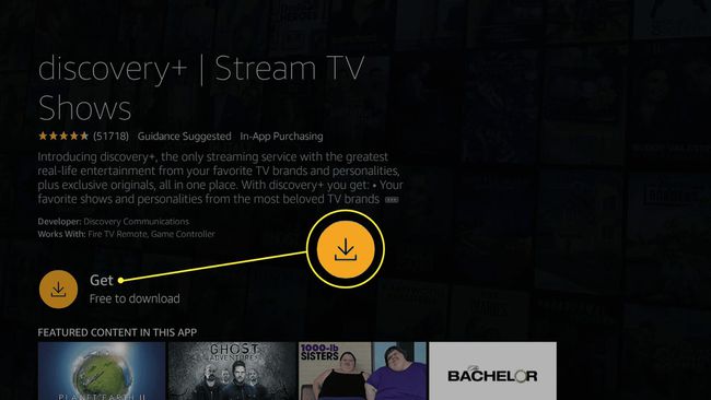 Discovery+ -sovelluslistaus Fire TV: ssä Get korostettuna.