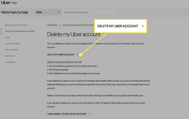 Скриншот экрана справки Uber с выделенной опцией Удалить мою учетную запись Uber