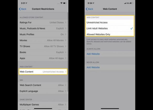 Zrzuty ekranu ilustrujące sposób kontrolowania treści internetowych w Ograniczeniach dotyczących treści na iPhonie.