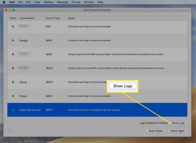 หน้าต่าง Mail Connection Doctor ของแอป Apple Mail ที่ไฮไลต์ปุ่ม " แสดงบันทึก" ไว้