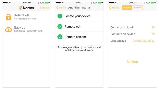 Snímky obrazovky Norton Mobile Security z iTunes zobrazující aplikaci pro blokování hovorů při práci