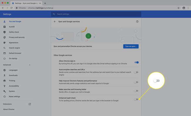 El interruptor " Corrector ortográfico mejorado" en la configuración de Chrome