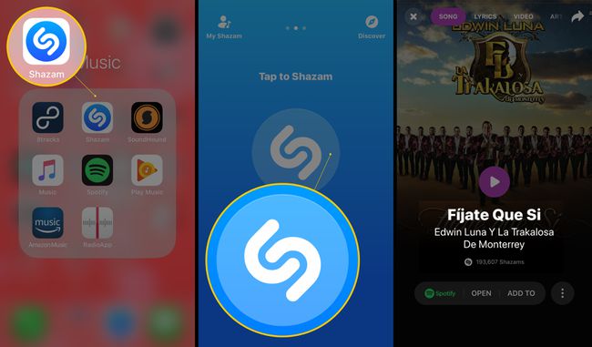 Drei iOS-Bildschirme mit dem Symbol der Shazam-App, Tap to Shazam und einem gefundenen Song (Fijate Que Si)